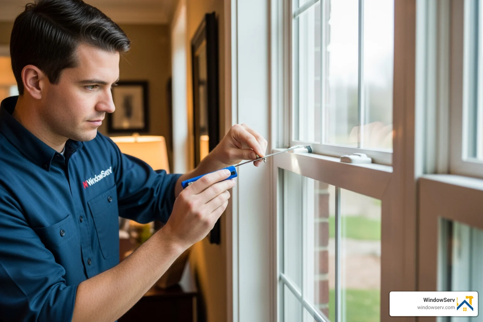 technician inspecting a window sash for gaps technician inspecting a window sash for gaps