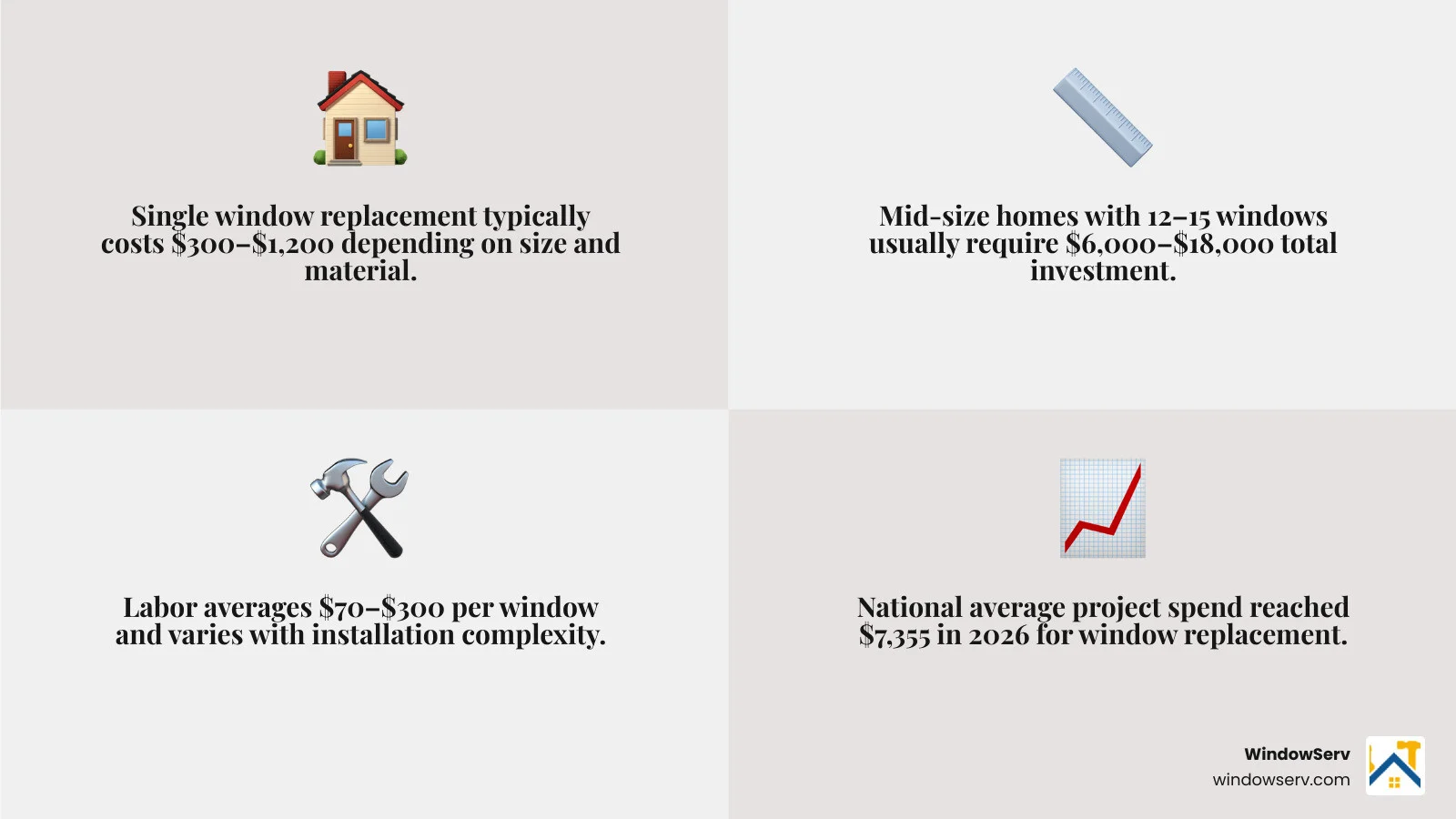 Infographic showing window replacement cost breakdown by scope, material, and glass type infographic