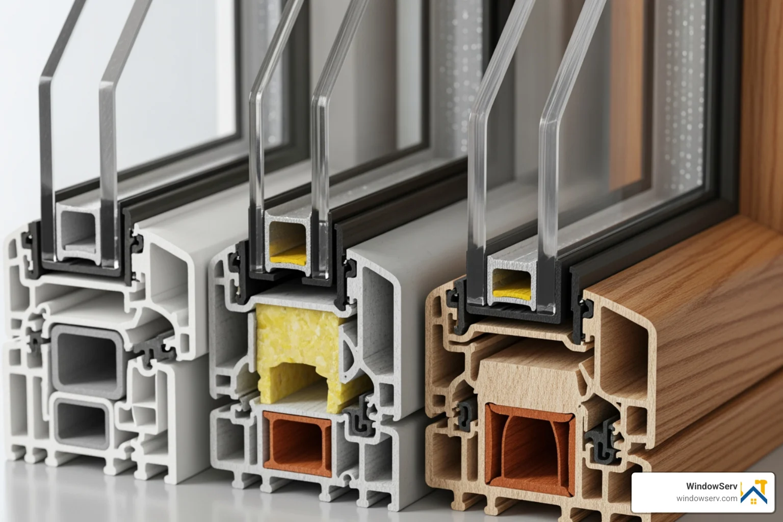 Cross-sections of various window frame materials showing insulation chambers