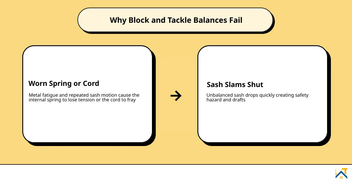Infographic showing block and tackle window balance mechanism, symptoms, and replacement steps infographic