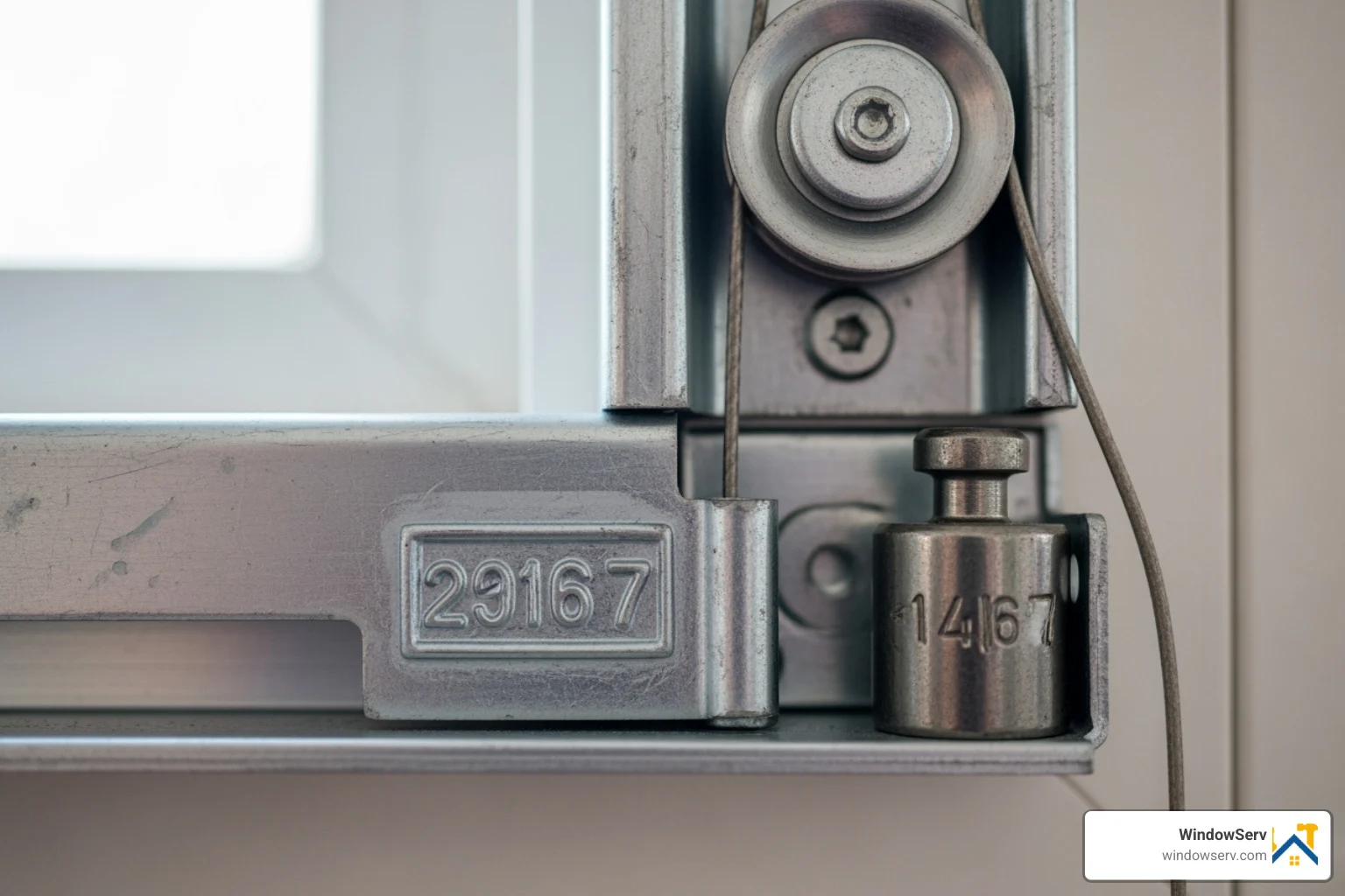 Close-up of a window balance metal channel showing the weight stamp and pulley system