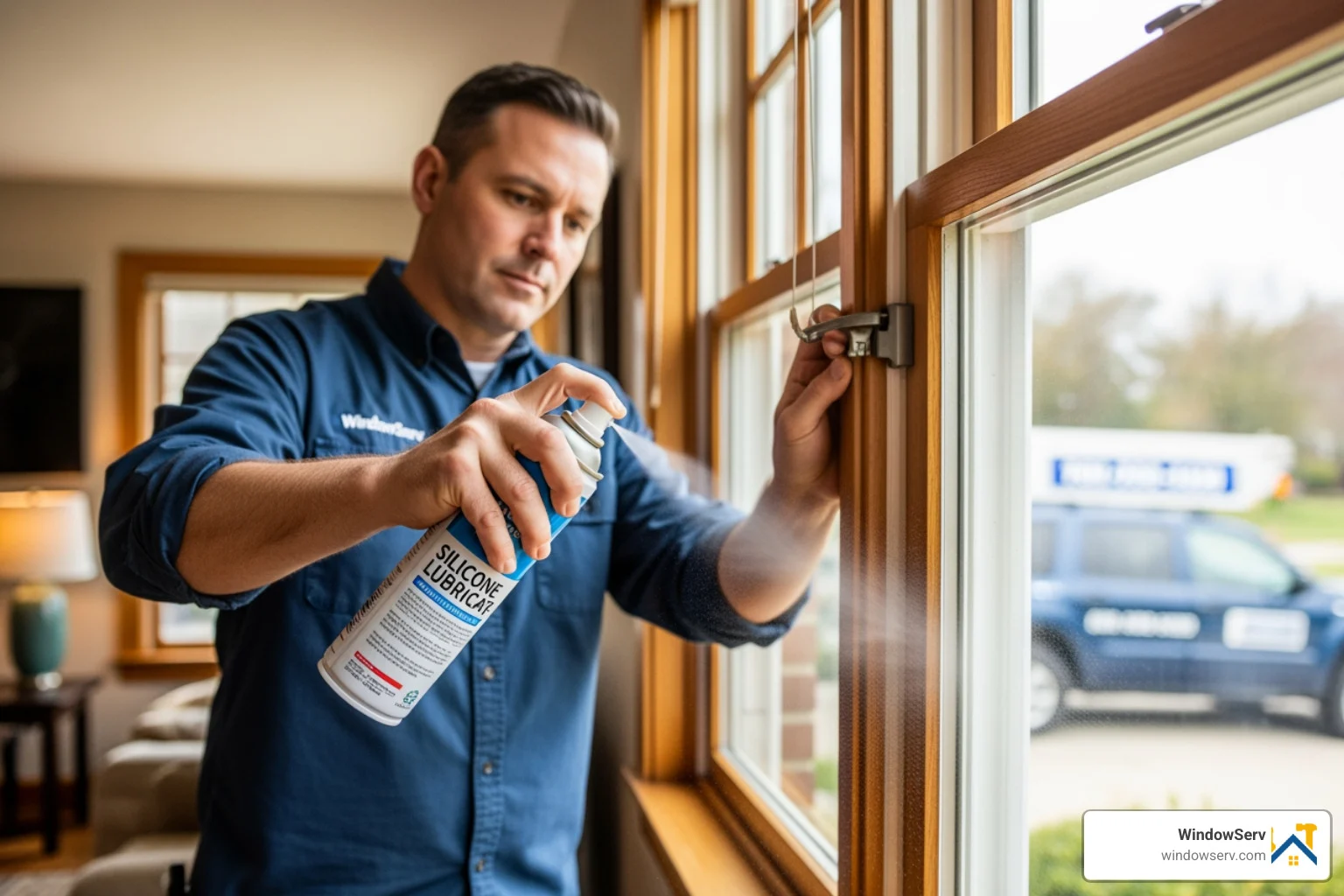 Homeowner lubricating window tracks with silicone spray for smooth operation