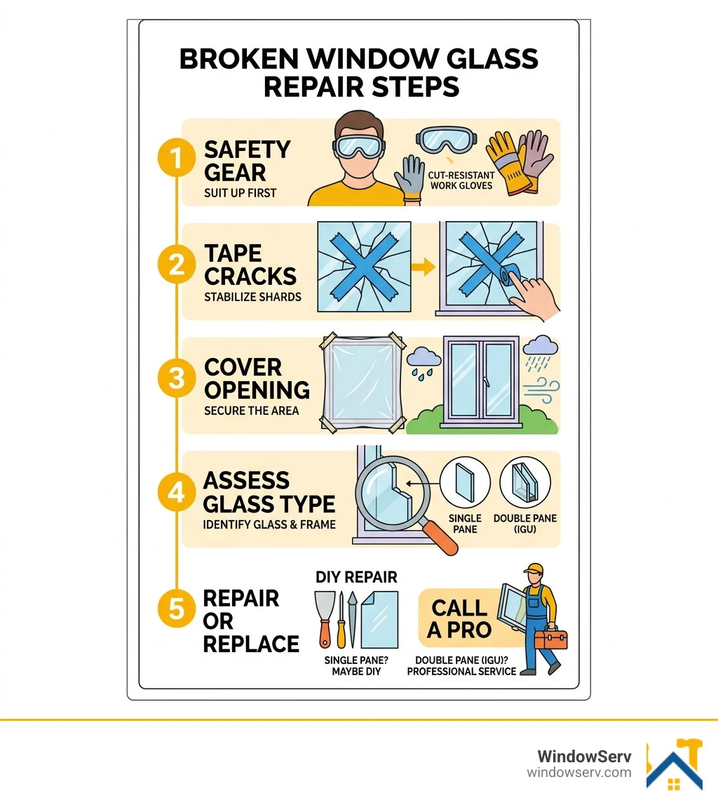 Infographic showing broken window repair steps: safety gear, tape cracks, cover opening, assess glass type, repair or Infographic showing broken window repair steps: safety gear, tape cracks, cover opening, assess glass type, repair or