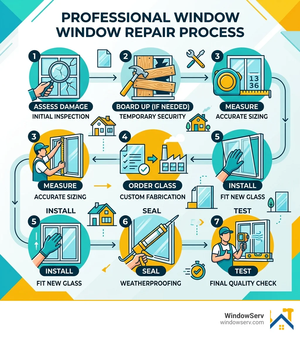 Infographic showing the professional window repair process: assess damage, board up if needed, measure, order glass Infographic showing the professional window repair process: assess damage, board up if needed, measure, order glass