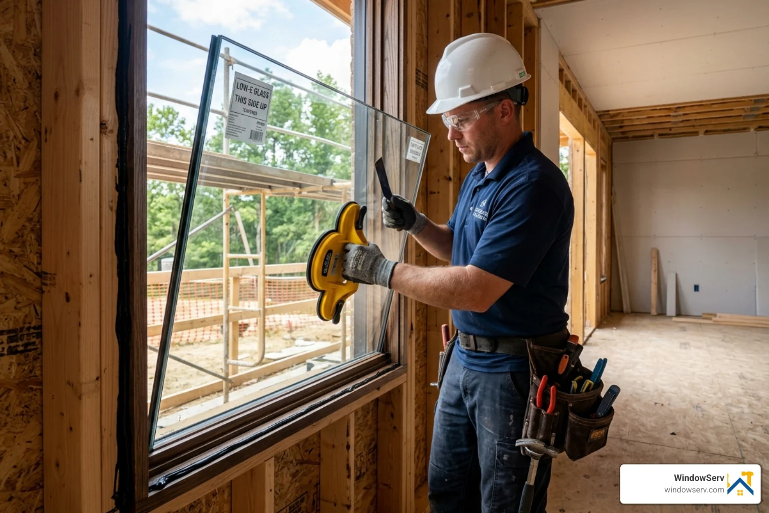 A professional glass technician wearing safety gear and using specialized tools to install a window pane - broken window A professional glass technician wearing safety gear and using specialized tools to install a window pane - broken window
