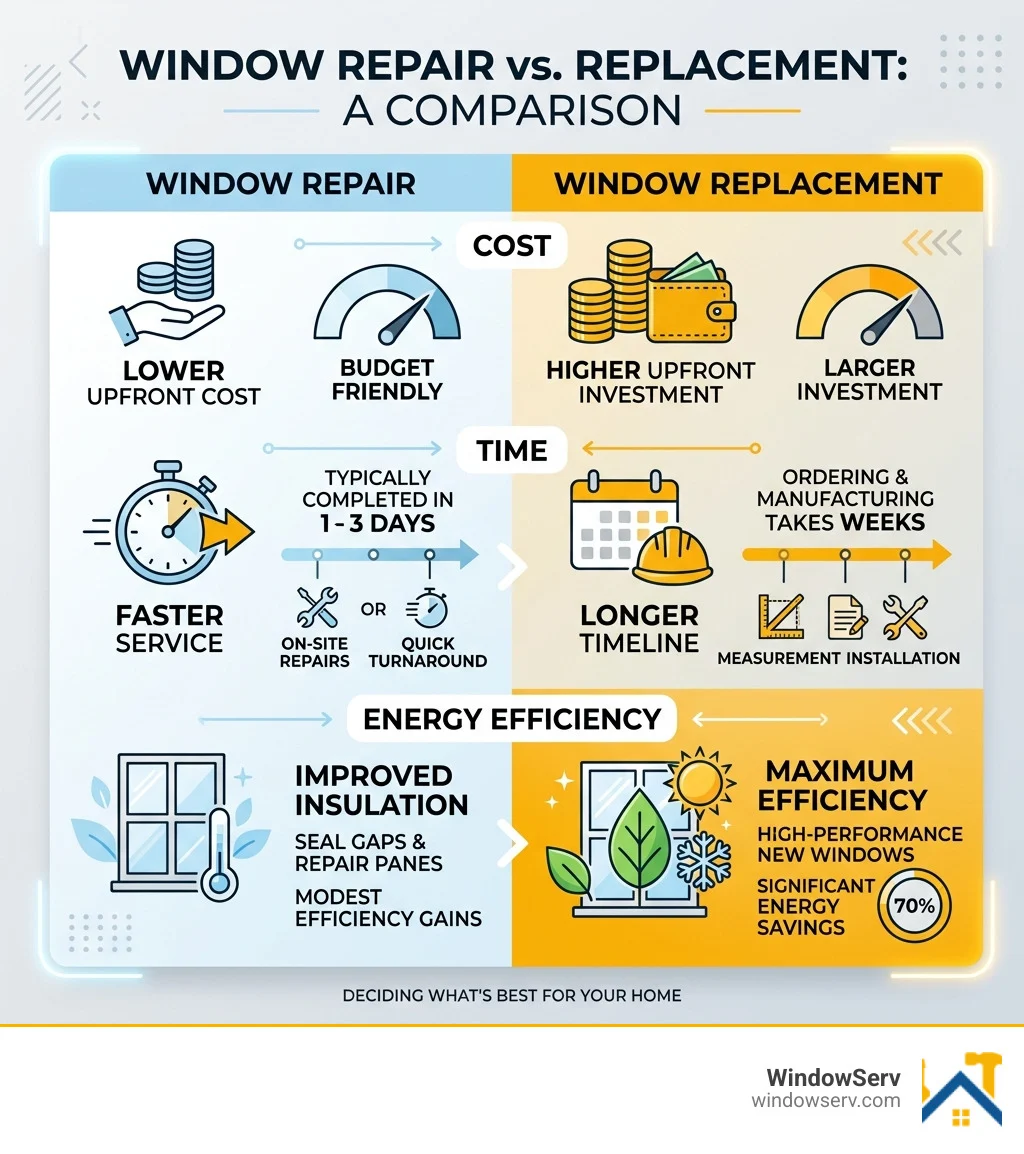 Infographic comparing the benefits of window repair vs. replacement: cost, time, and energy efficiency - broken window Infographic comparing the benefits of window repair vs. replacement: cost, time, and energy efficiency - broken window
