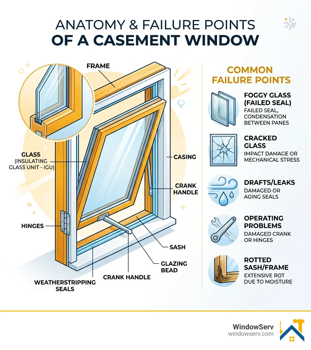 Casement window anatomy showing glass, frame, seals, hinges, and common failure points - casement window glass repair Casement window anatomy showing glass, frame, seals, hinges, and common failure points - casement window glass repair