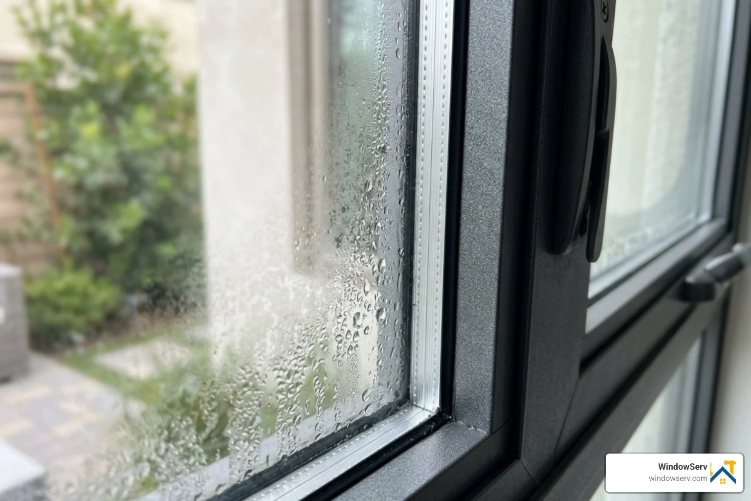 Fogged insulating glass unit with visible condensation between the panes - casement window glass repair Fogged insulating glass unit with visible condensation between the panes - casement window glass repair