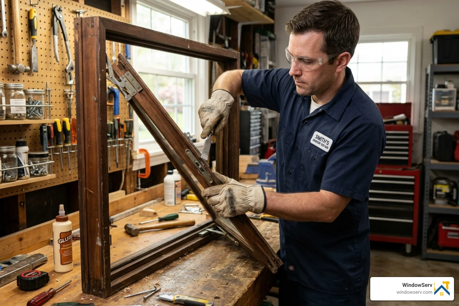 A technician removing a casement window sash from its frame for repair - casement window glass repair A technician removing a casement window sash from its frame for repair - casement window glass repair