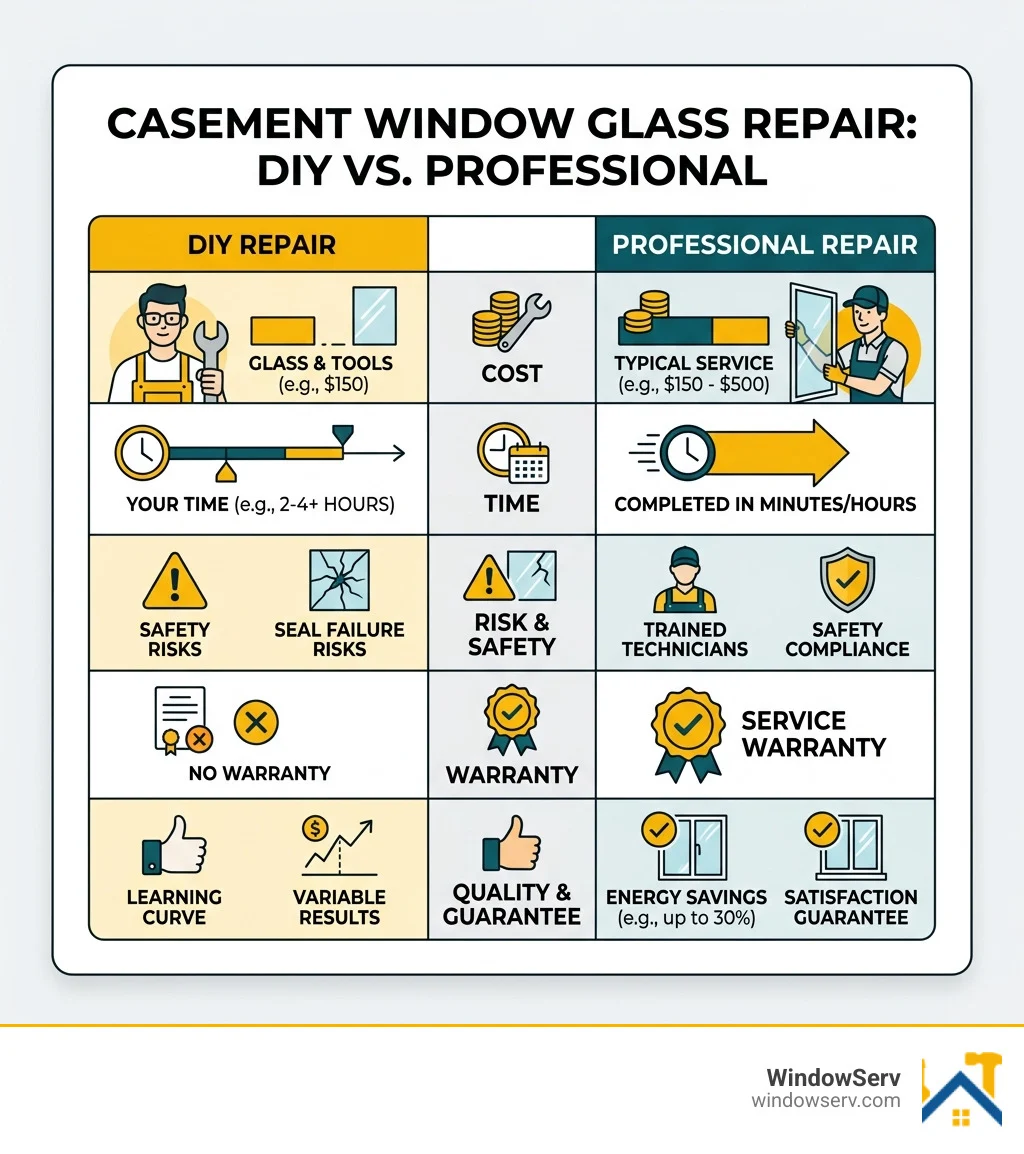 Comparison table of DIY vs Professional repair costs and benefits - casement window glass repair infographic Comparison table of DIY vs Professional repair costs and benefits - casement window glass repair infographic