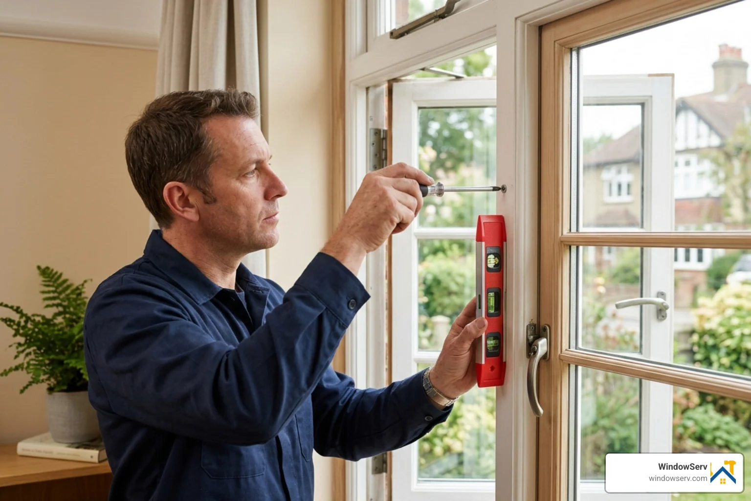 Technician using a level and screwdriver to realign a casement window sash within its frame - casement window repair NJ Technician using a level and screwdriver to realign a casement window sash within its frame - casement window repair NJ