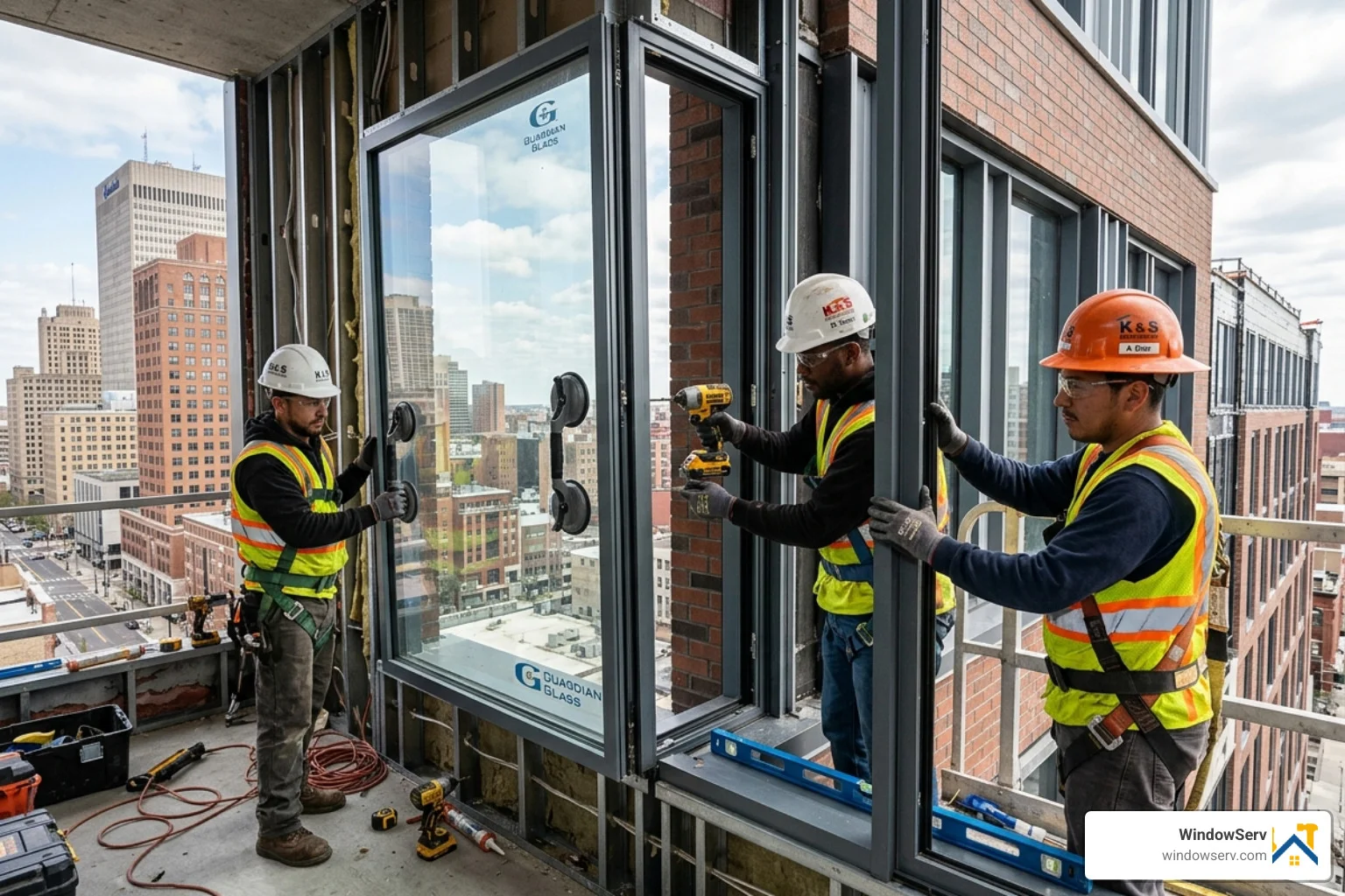 Technicians installing a large commercial window unit in a modern Newark office building - commercial window repair newark