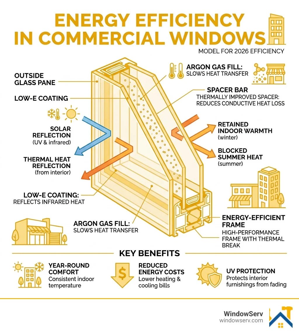 Infographic detailing the layers of an energy-efficient glass unit including Low-E coating and argon gas fill - commercial