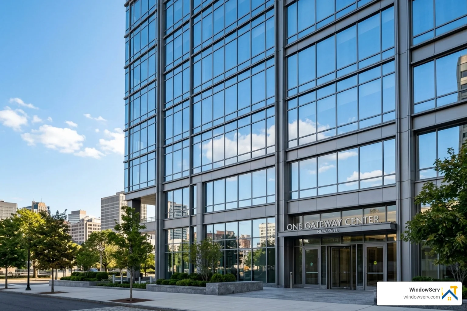 Modern architectural glass facade of a Newark commercial building reflecting the sky - commercial window repair newark