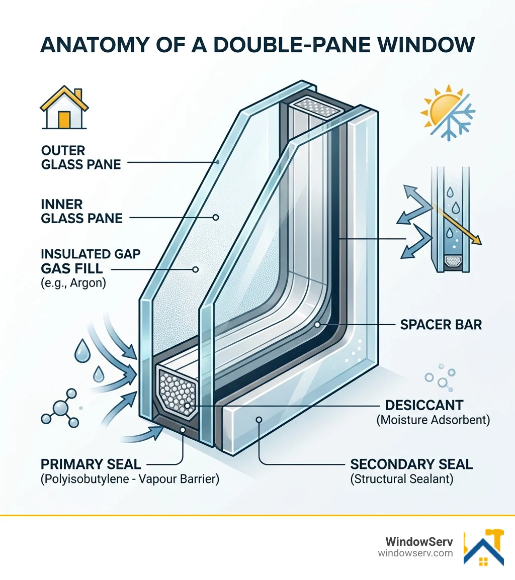 anatomy of a double-pane window showing seal layers, spacer bar, gas fill, and desiccant - Condensation between window panes anatomy of a double-pane window showing seal layers, spacer bar, gas fill, and desiccant - Condensation between window panes