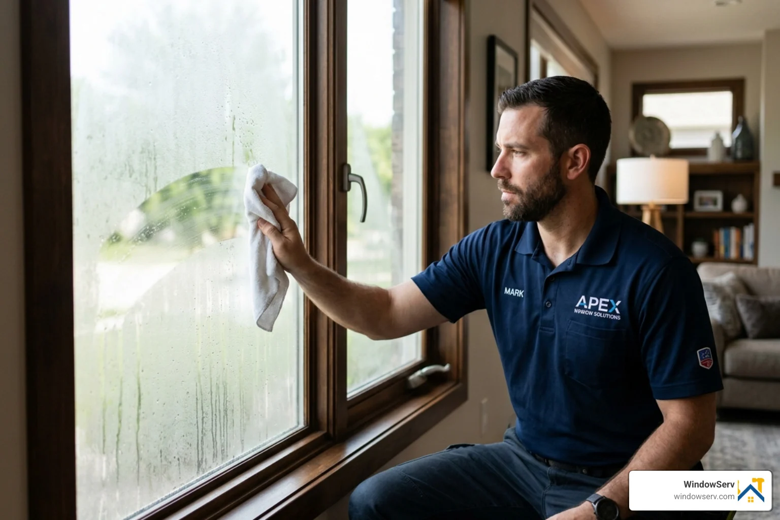 technician performing a wipe test on a foggy double-pane window - Condensation between window panes technician performing a wipe test on a foggy double-pane window - Condensation between window panes