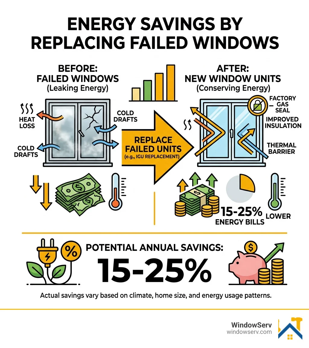 infographic showing energy savings of 15-25% after replacing failed window units - Condensation between window panes infographic showing energy savings of 15-25% after replacing failed window units - Condensation between window panes