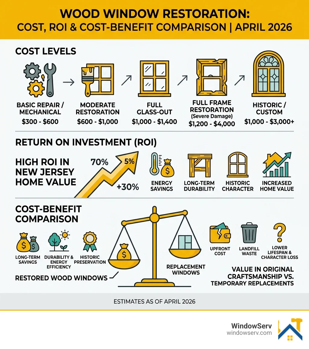 Infographic showing wood window restoration cost levels, ROI, and cost-benefit comparison for April 2026 - cost to restore Infographic showing wood window restoration cost levels, ROI, and cost-benefit comparison for April 2026 - cost to restore