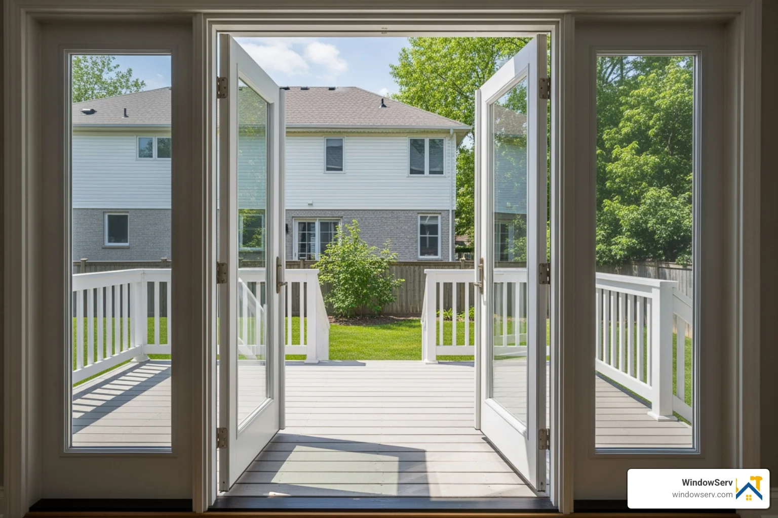 Modern French patio doors opening to a clean backyard deck