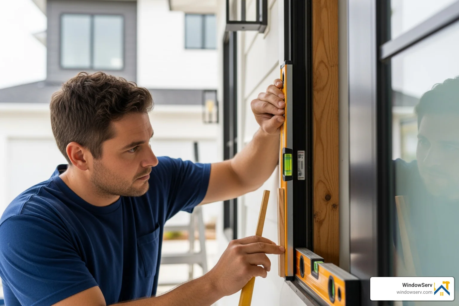 Professional contractor carefully shimming and leveling a new front door frame