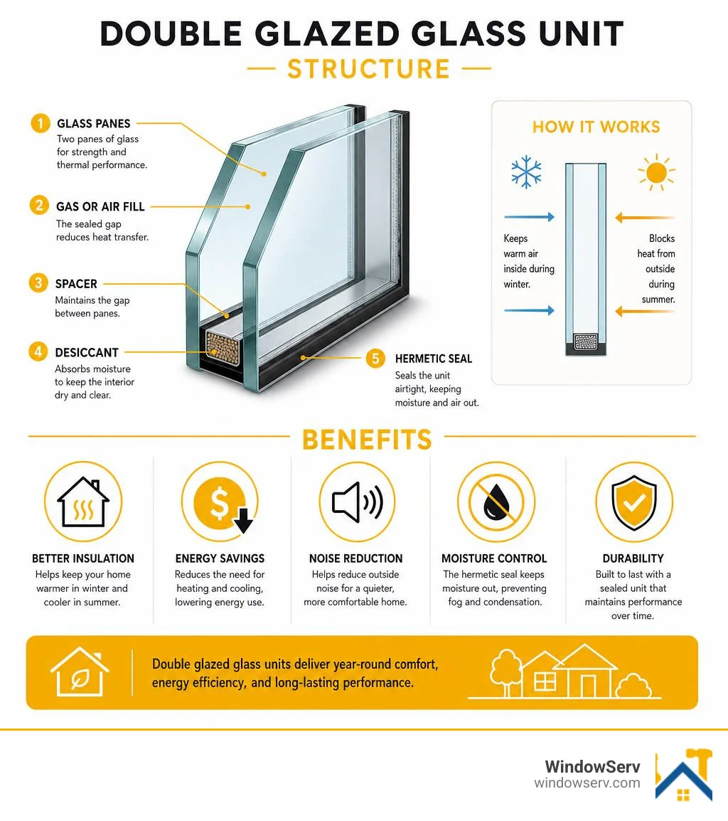 Infographic showing the structure and benefits of a double glazed glass unit infographic