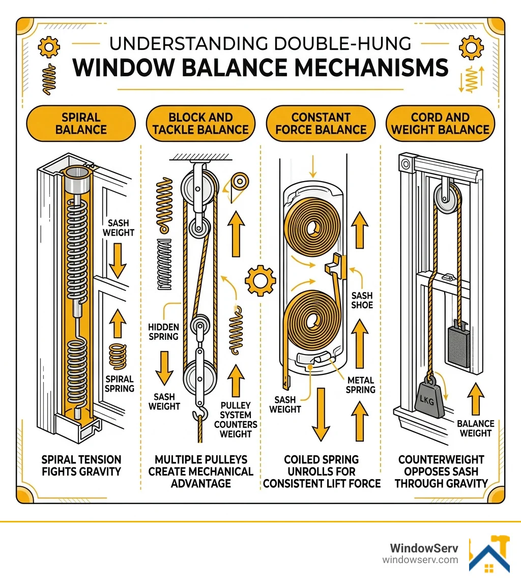 Diagram showing internal window balance mechanism types and how they counteract sash weight - double hung window balance Diagram showing internal window balance mechanism types and how they counteract sash weight - double hung window balance