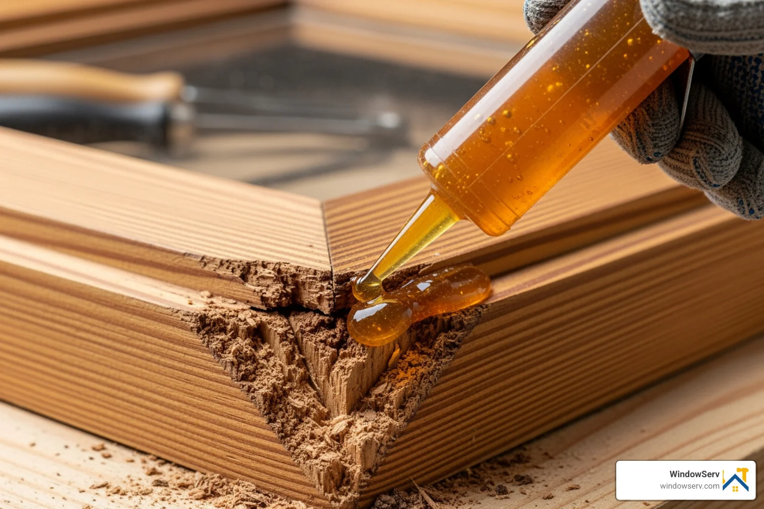 A close-up of structural epoxy being applied to a rotted corner of an old-growth pine window sash
