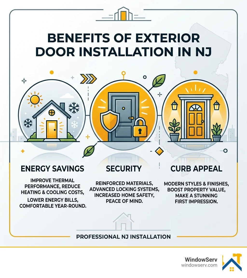 Infographic showing benefits of exterior door installation in NJ including energy savings, security, and curb appeal Infographic showing benefits of exterior door installation in NJ including energy savings, security, and curb appeal