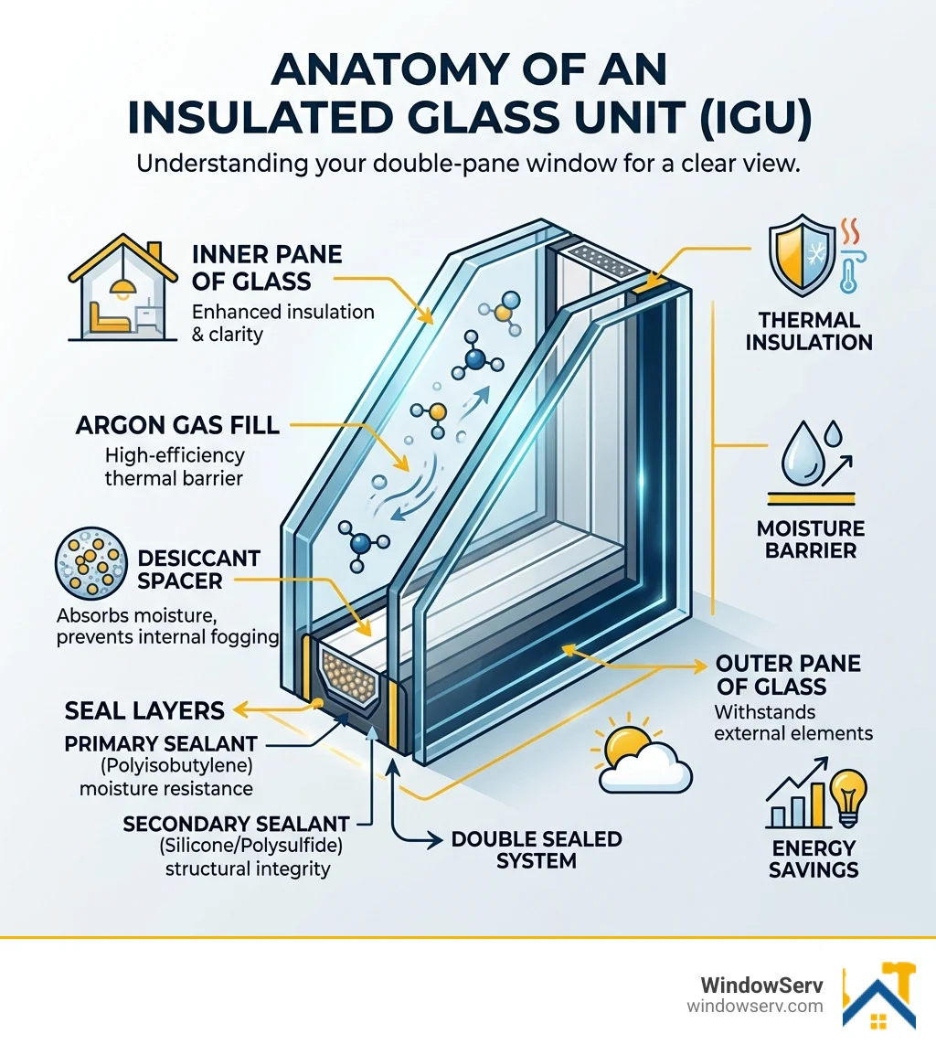Anatomy of an insulated glass unit showing seal layers, argon gas fill, desiccant spacer, and pane construction - fix foggy Anatomy of an insulated glass unit showing seal layers, argon gas fill, desiccant spacer, and pane construction - fix foggy