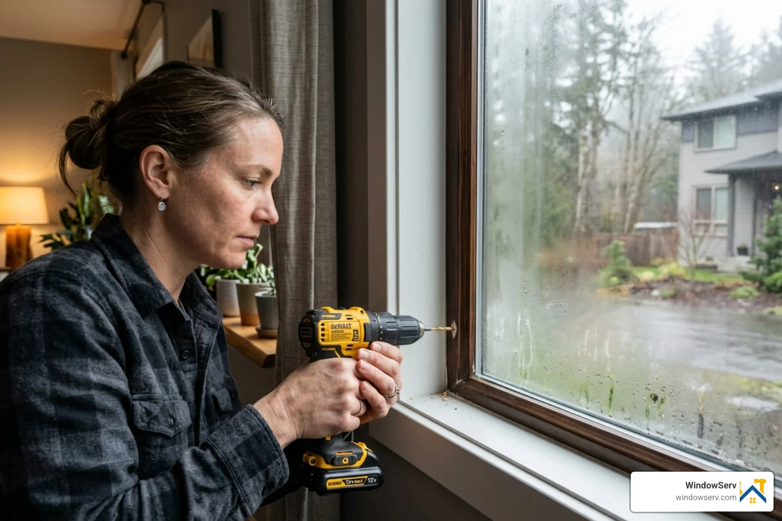 homeowner using a small drill bit on a window corner - fix foggy double pane windows homeowner using a small drill bit on a window corner - fix foggy double pane windows