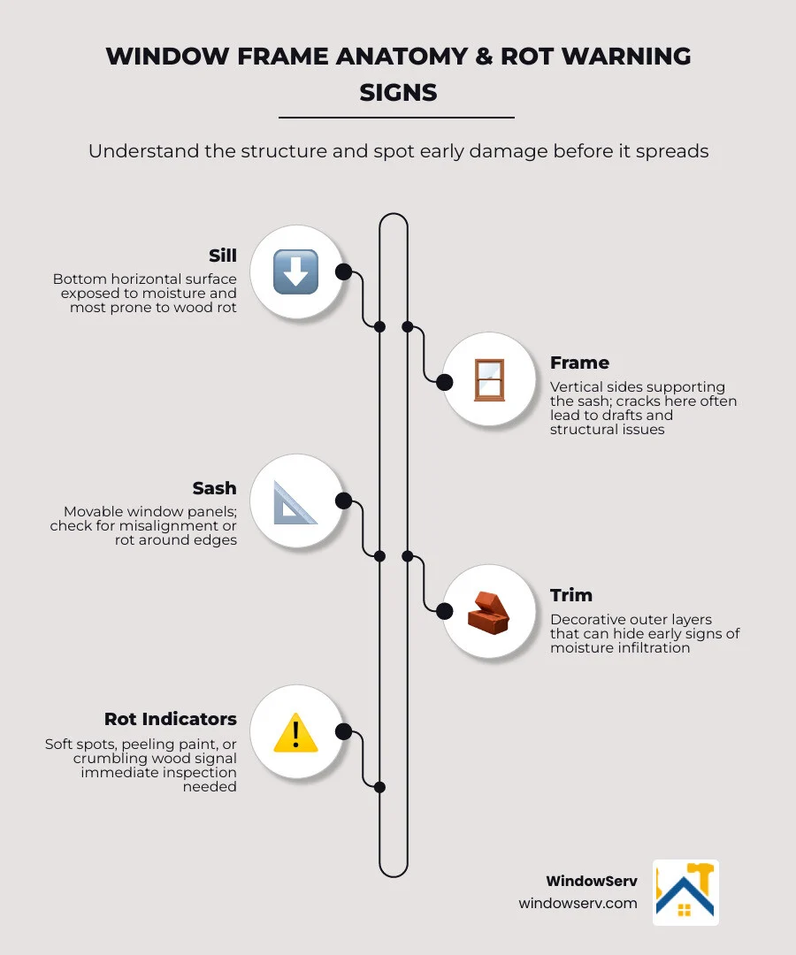 Window frame anatomy infographic showing sill, sash, frame, and rot warning signs infographic Window frame anatomy infographic showing sill, sash, frame, and rot warning signs infographic