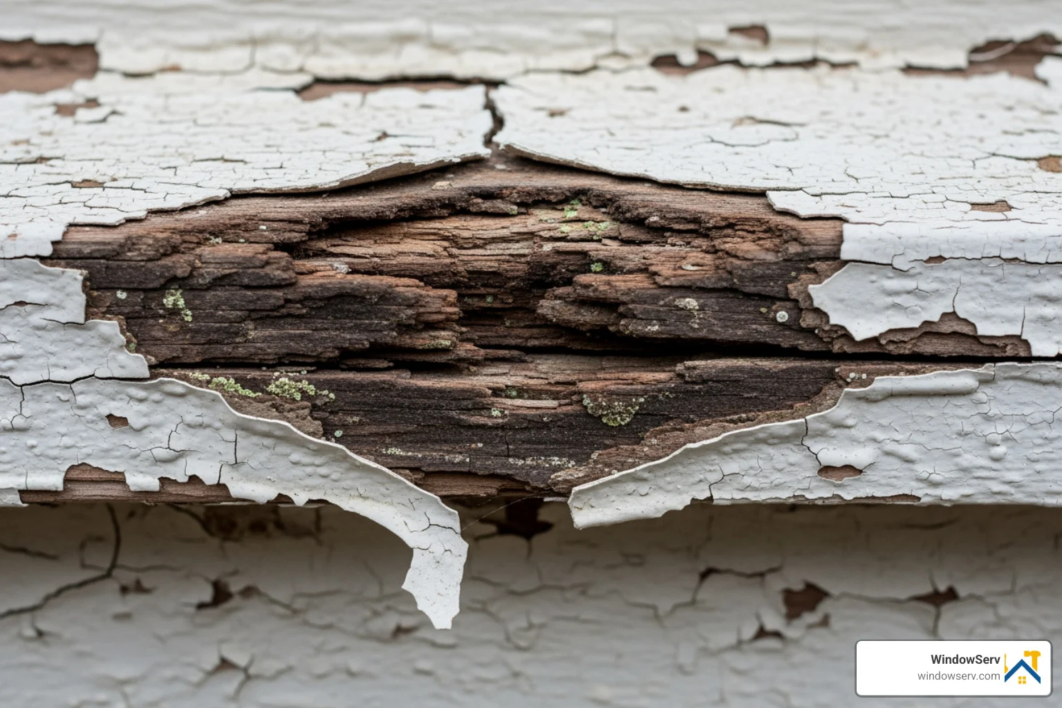 Close-up of wood rot on an exterior window sill with peeling paint Close-up of wood rot on an exterior window sill with peeling paint