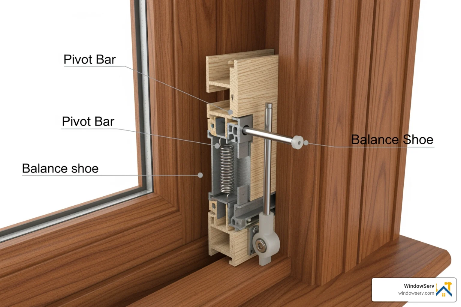 Diagram of a double-hung window balance system including the pivot bar and shoe Diagram of a double-hung window balance system including the pivot bar and shoe