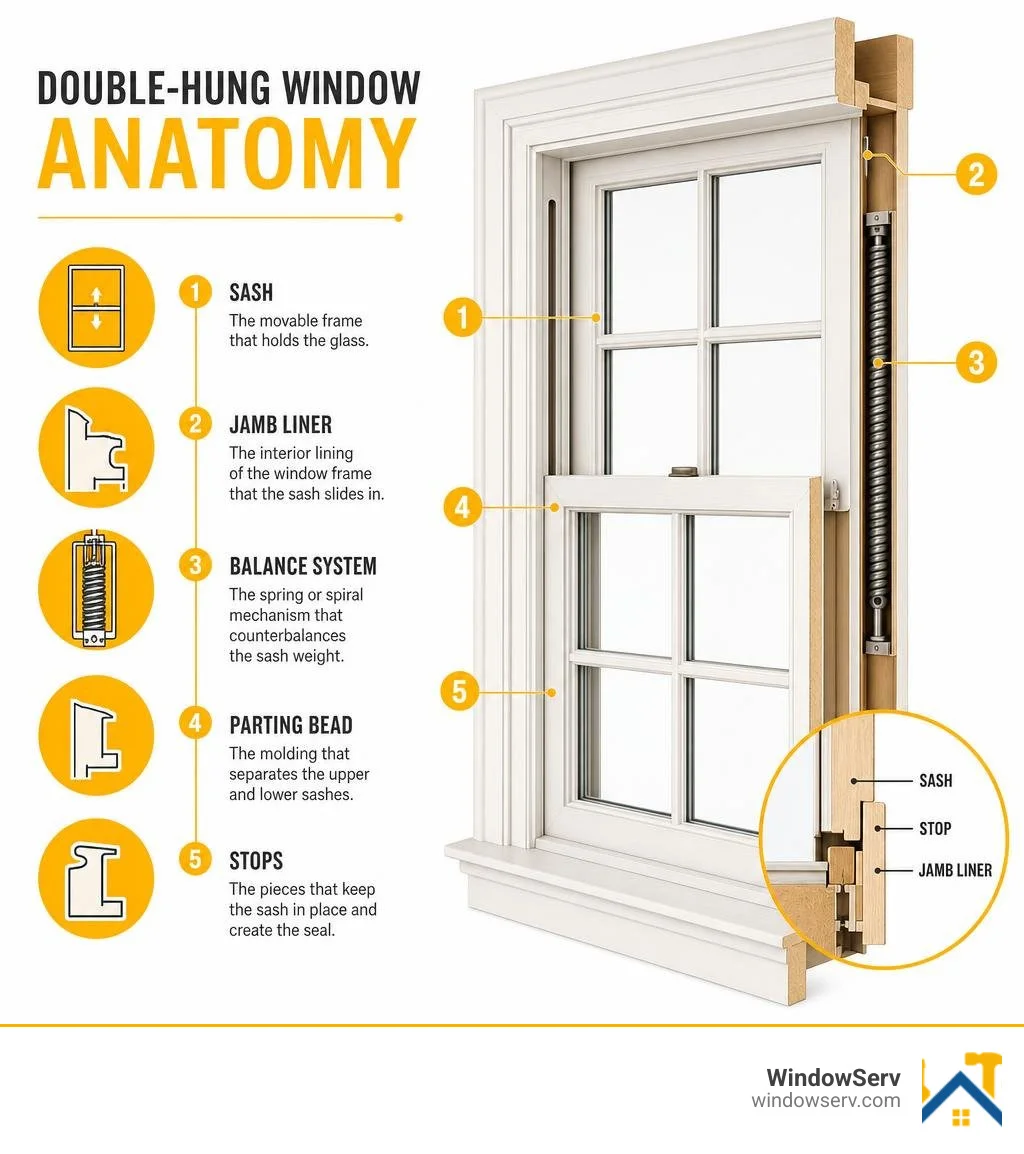 Double-hung window anatomy infographic showing sash, jamb liner, balance system, parting bead, and stops infographic