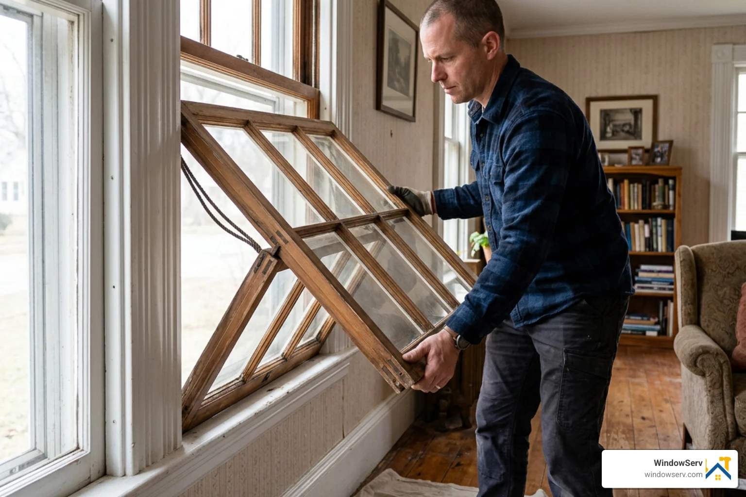 Removing a wooden double-hung sash from its frame