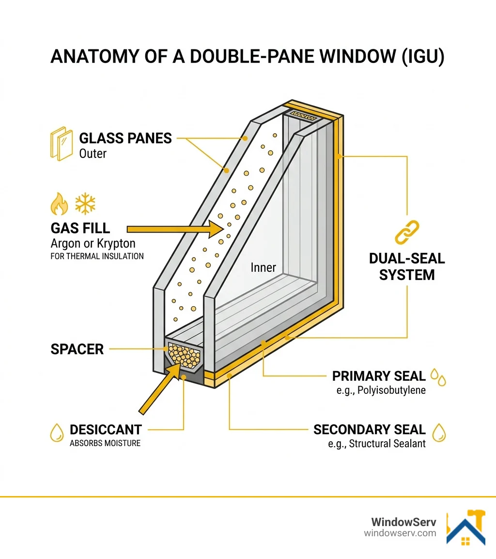 Anatomy of a double-pane window showing glass panes, spacer, gas fill, and seal layers - fixing foggy double pane windows Anatomy of a double-pane window showing glass panes, spacer, gas fill, and seal layers - fixing foggy double pane windows