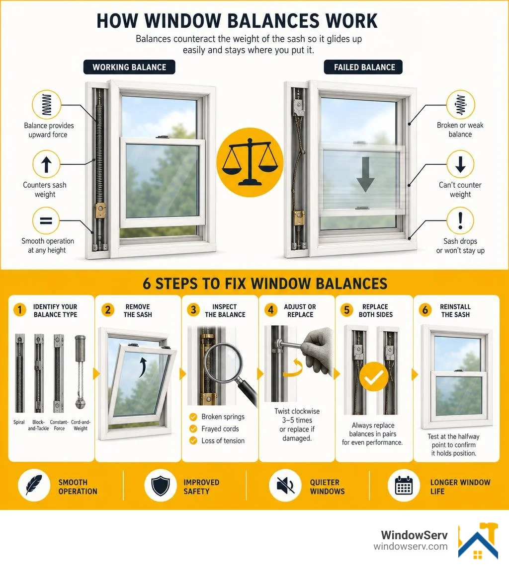Infographic showing how window balances counteract sash weight and steps to fix them infographic