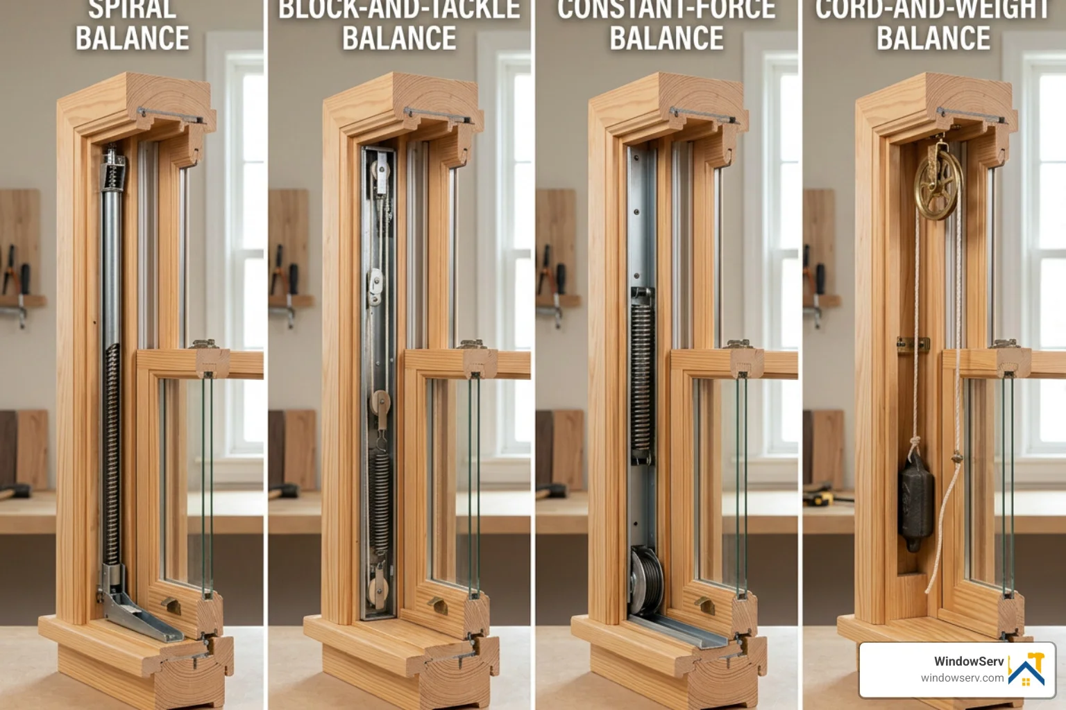 The four main types of window balance mechanisms side-by-side