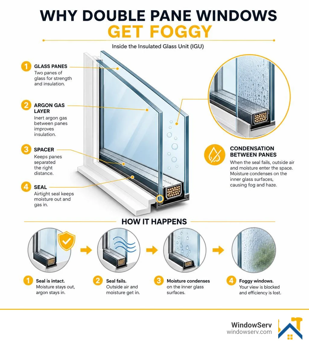 Diagram showing double-pane window structure, seal location, argon gas layer, and condensation between panes infographic