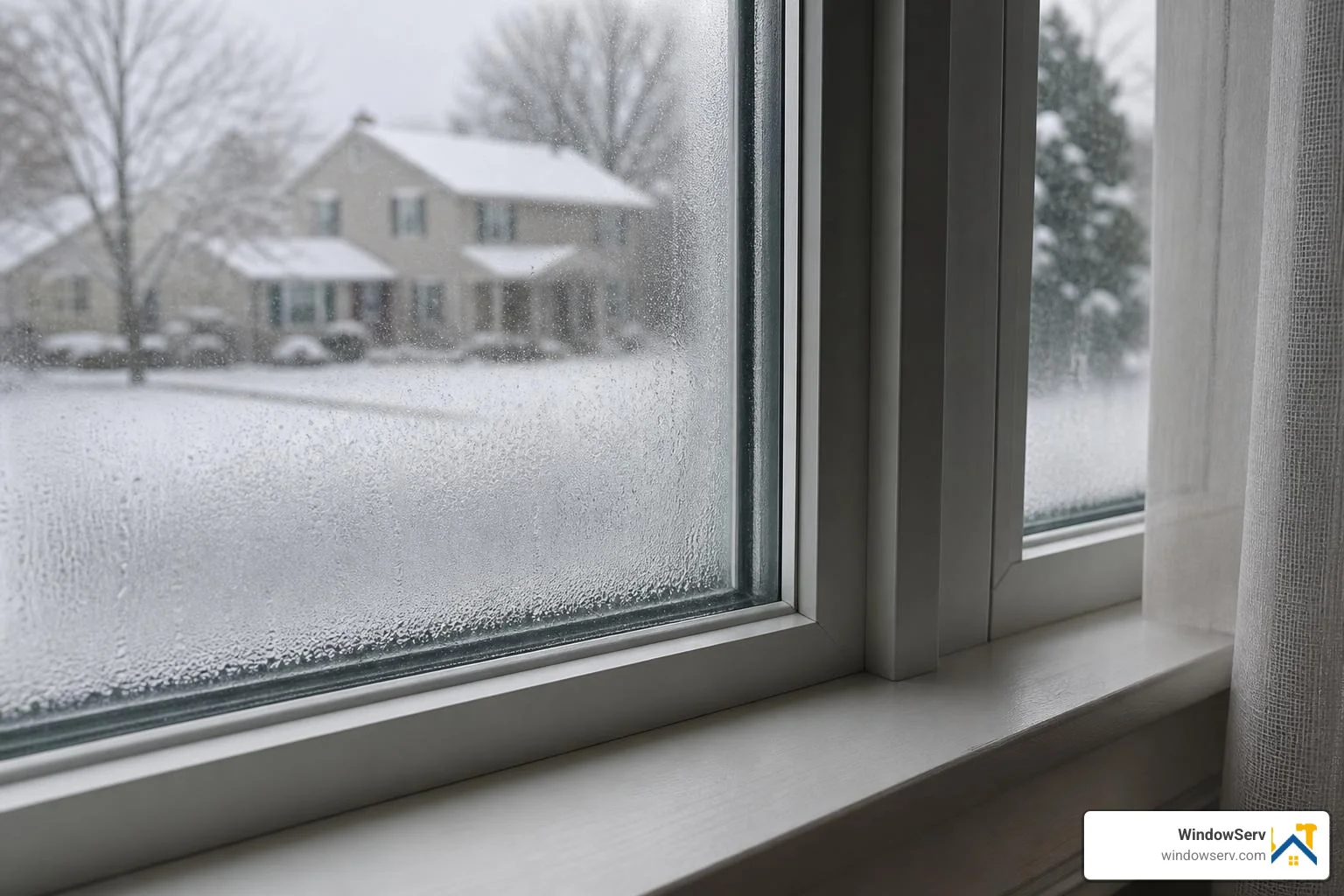 Drafty double-pane window with visible thermal heat loss