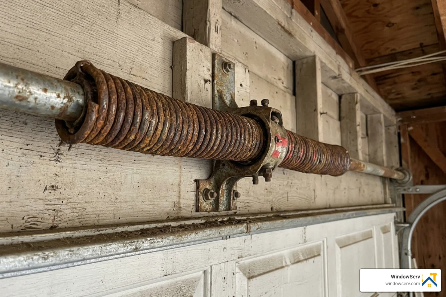 A weathered garage door torsion spring showing signs of oxidation and wear - garage door repair edison nj A weathered garage door torsion spring showing signs of oxidation and wear - garage door repair edison nj