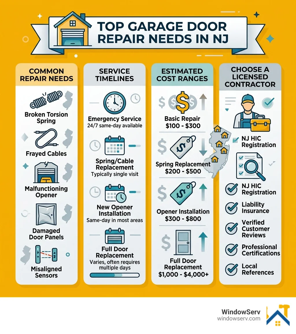 Infographic showing top garage door repair needs in NJ, service timelines, cost ranges, and how to choose a licensed