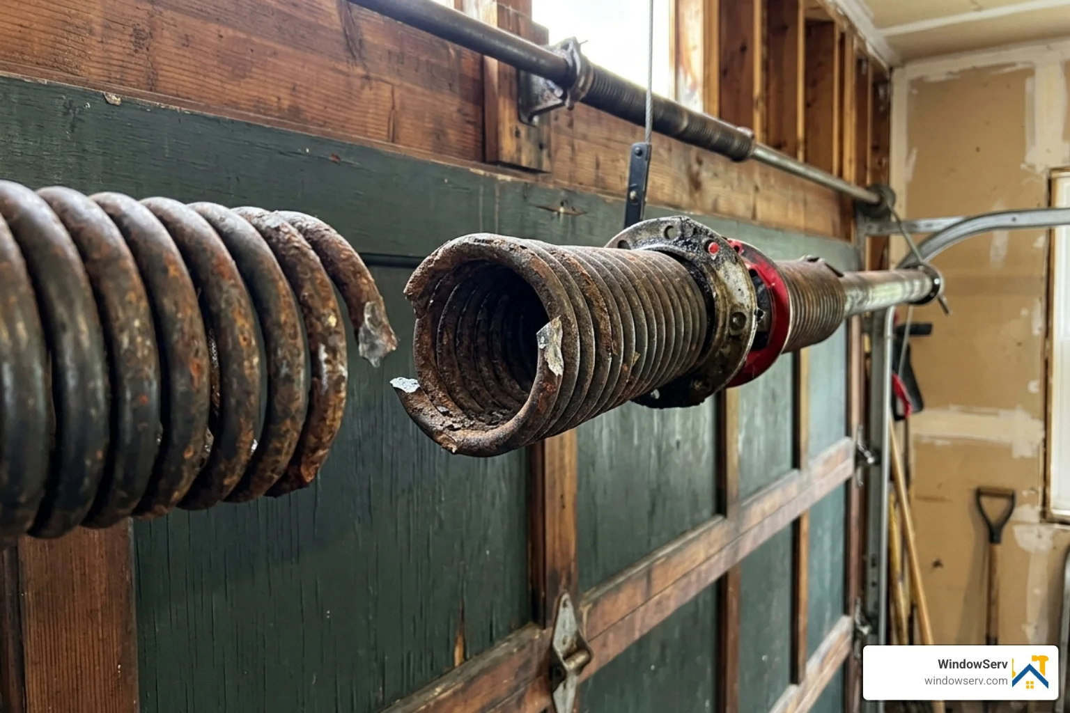 Close-up of a broken torsion spring on a residential garage door system showing metal fatigue - garage door repair new jersey