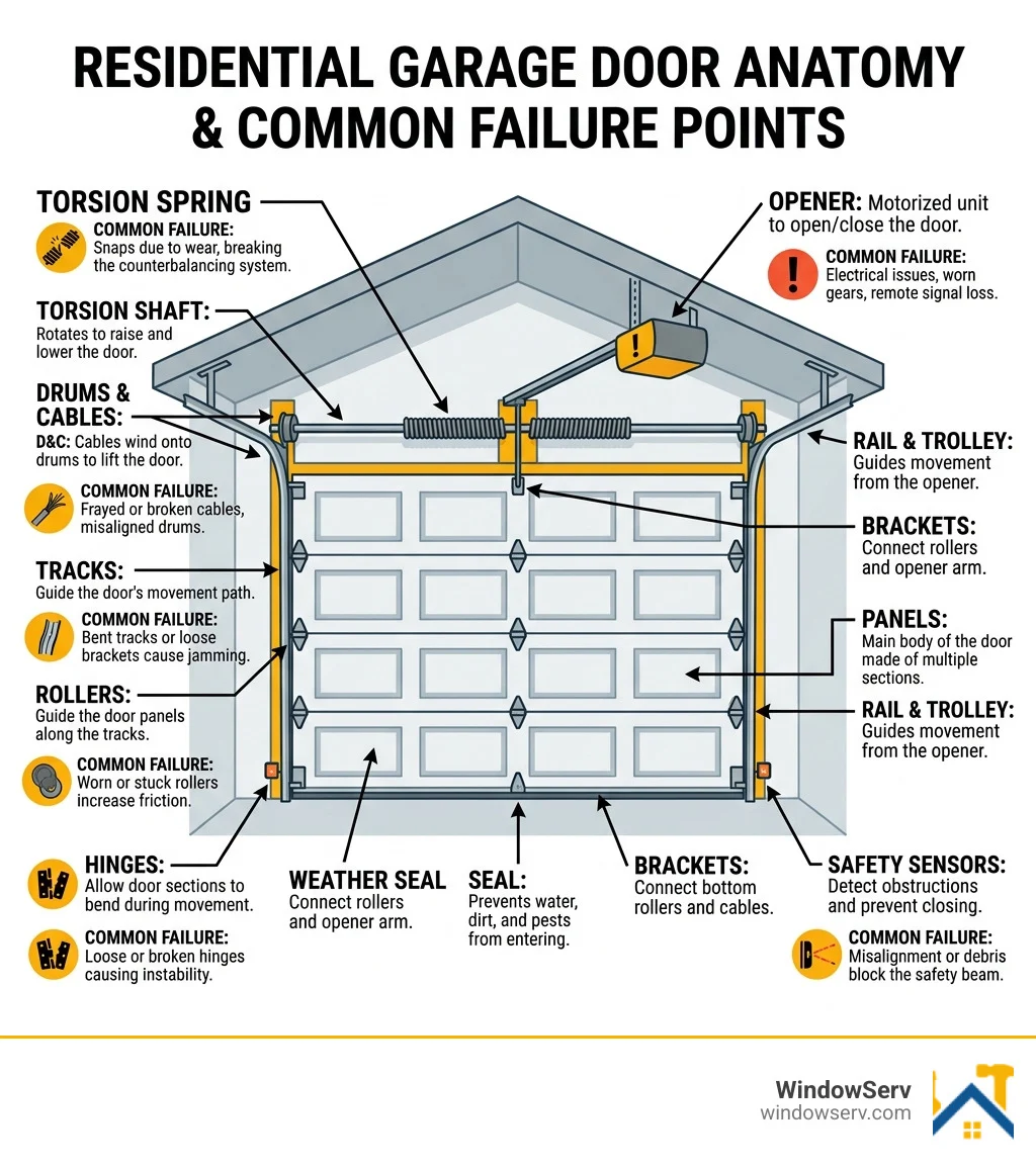 Infographic showing anatomy of a residential garage door system and common failure points - garage door repair trenton nj Infographic showing anatomy of a residential garage door system and common failure points - garage door repair trenton nj