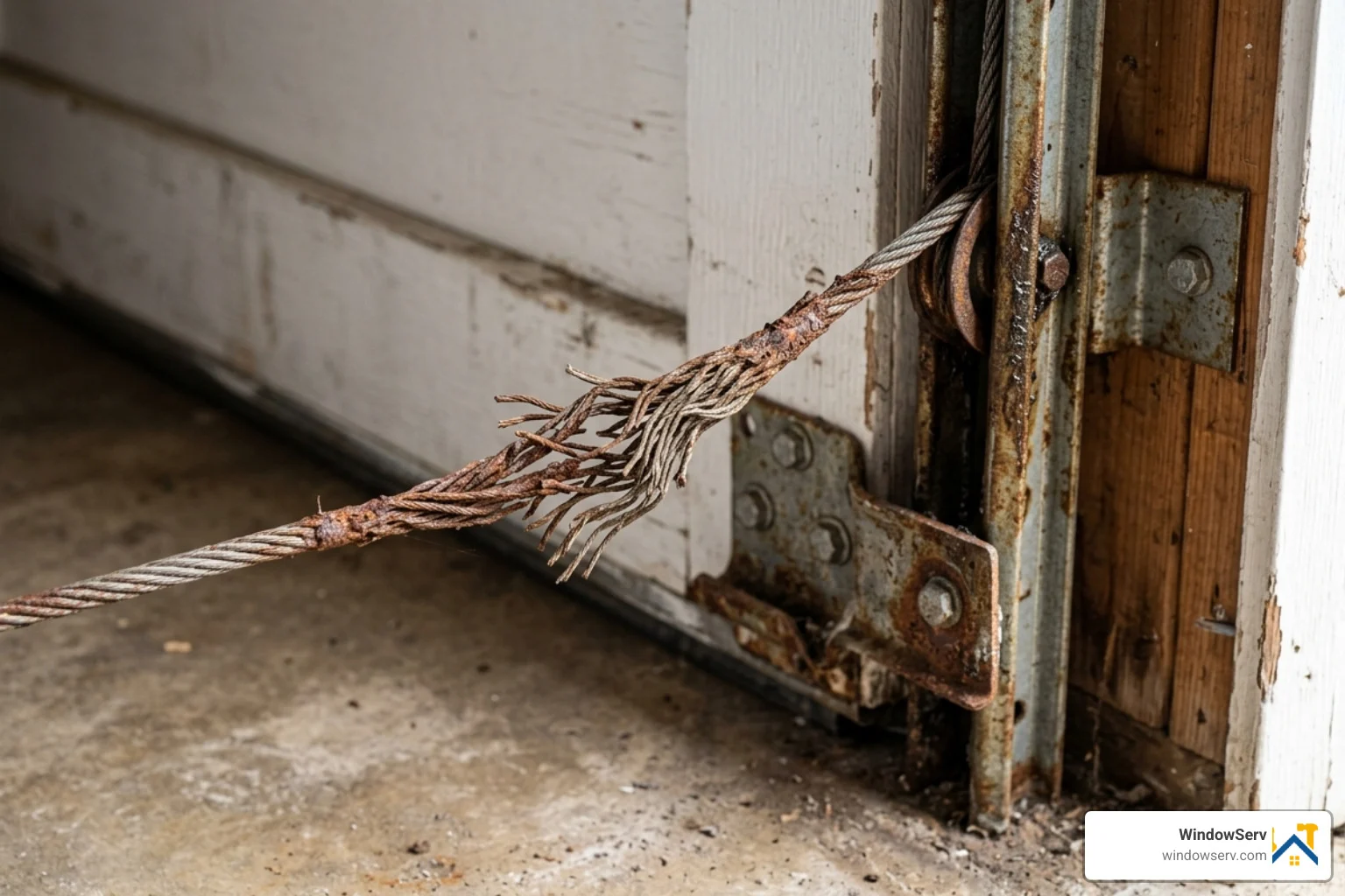 Close up of a frayed garage door cable requiring replacement - garage door repair trenton nj Close up of a frayed garage door cable requiring replacement - garage door repair trenton nj