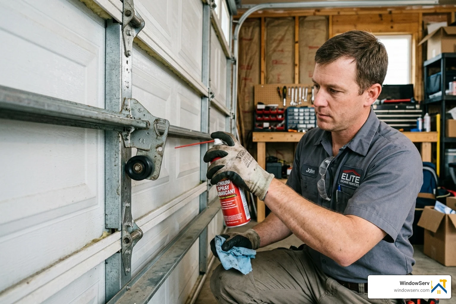 Technician lubricating garage door rollers and hinges - garage door repair trenton nj Technician lubricating garage door rollers and hinges - garage door repair trenton nj