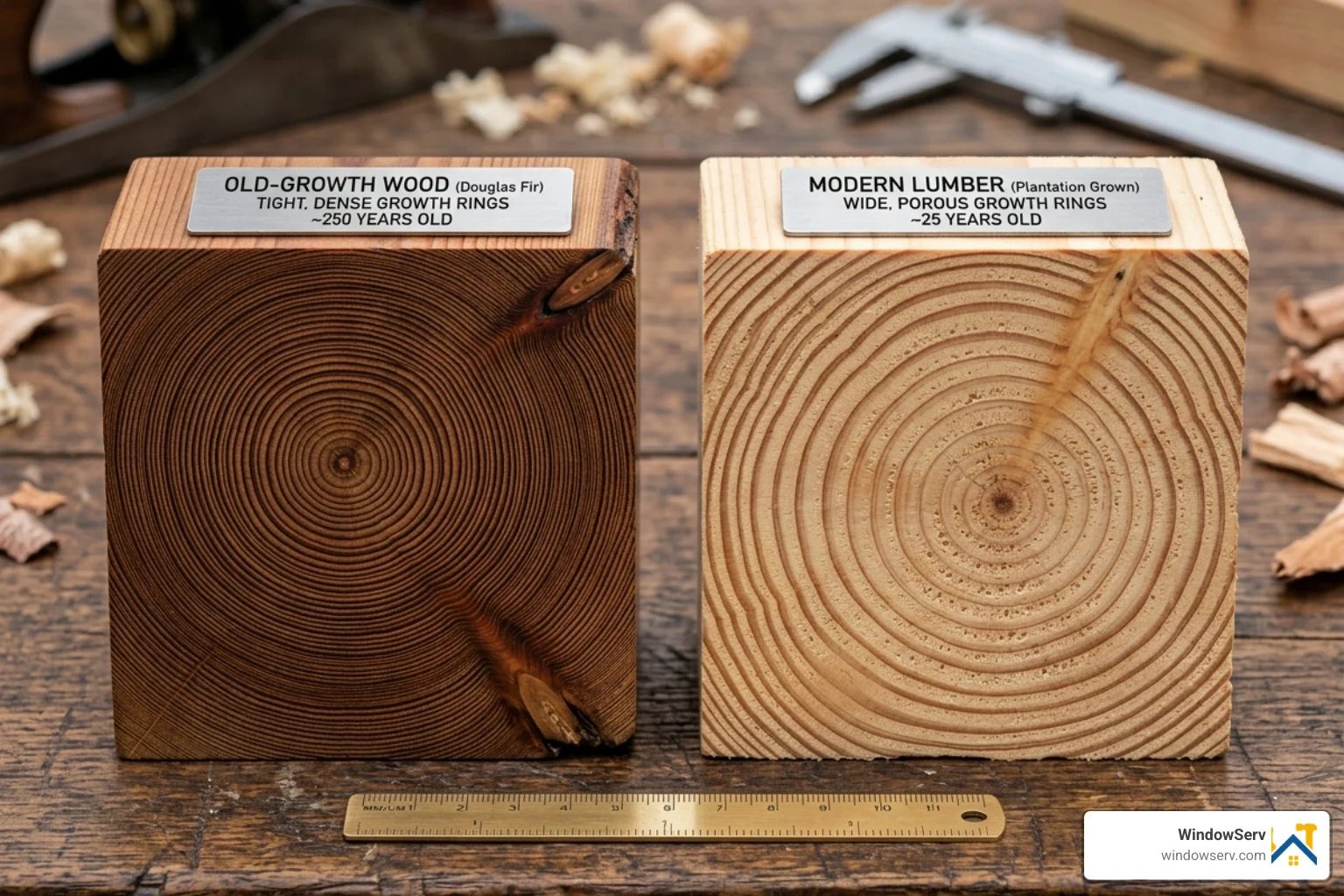 Tight grain of old-growth wood versus wide grain of modern lumber - historic frame window restoration Tight grain of old-growth wood versus wide grain of modern lumber - historic frame window restoration
