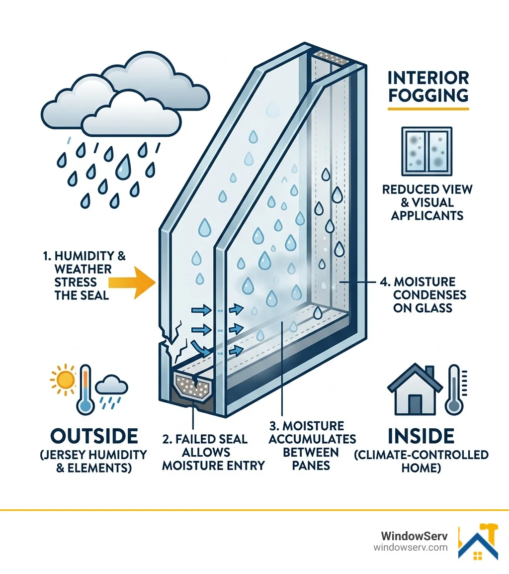 Infographic showing how moisture enters failed double-pane window seals and causes interior fogging - how to fix foggy Infographic showing how moisture enters failed double-pane window seals and causes interior fogging - how to fix foggy