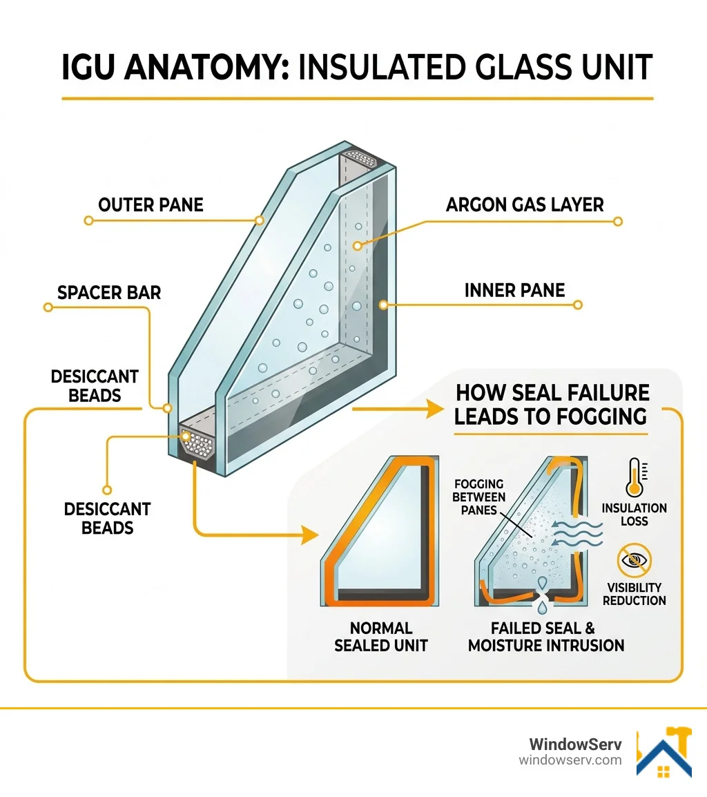 Infographic showing IGU anatomy: outer pane, spacer bar, desiccant beads, argon gas layer, inner pane, and how seal failure