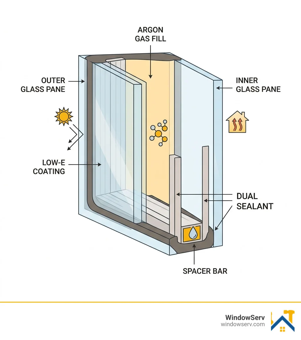 Infographic showing layers of an IGU: outer glass pane, Low-E coating, spacer bar, argon gas fill, inner glass pane, dual